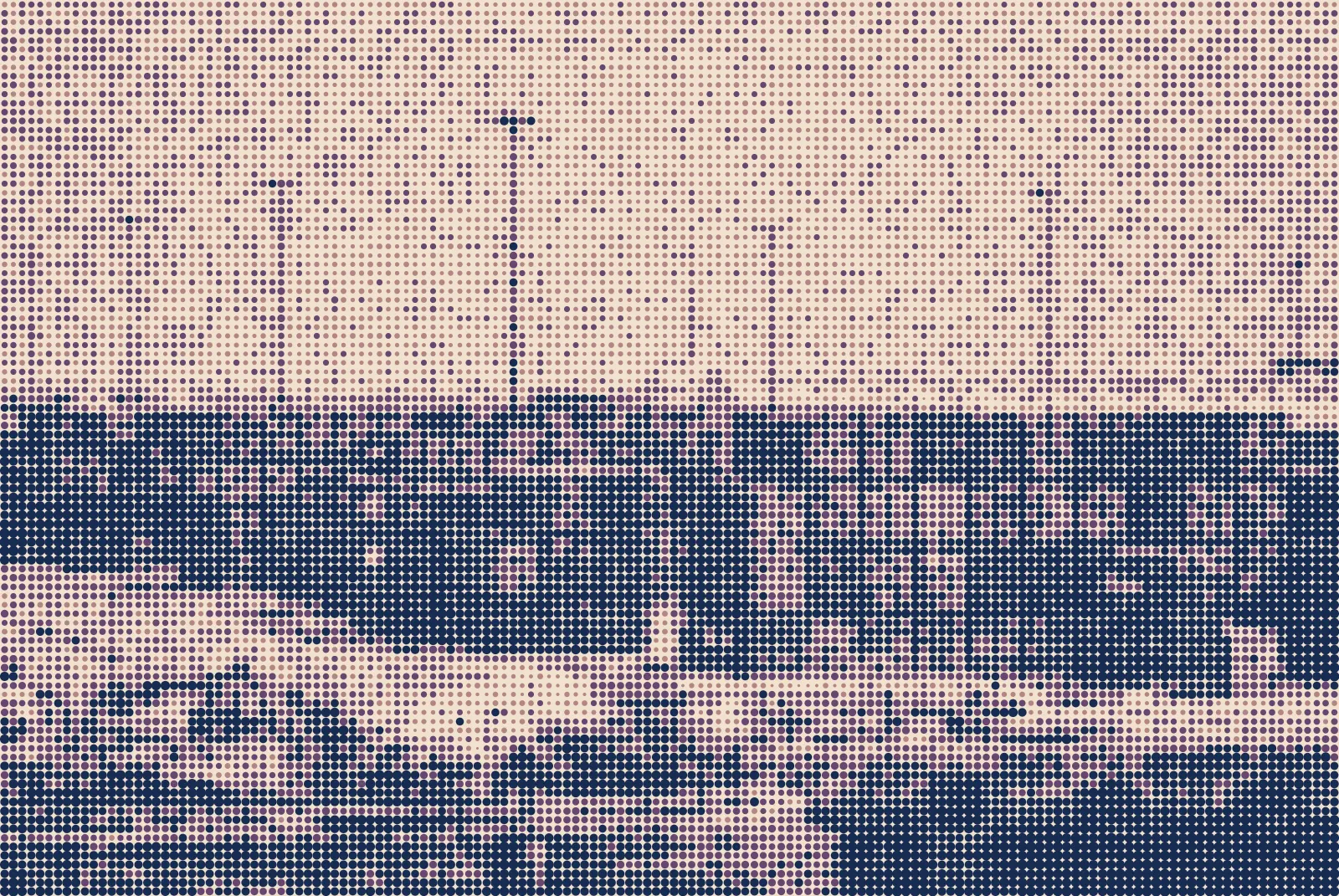 A harbour scene rendered through the Exousian image instrument — a halftone of indigo, plum and sand dots